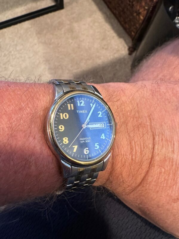 Photo of an arm bearing a Timex watch.