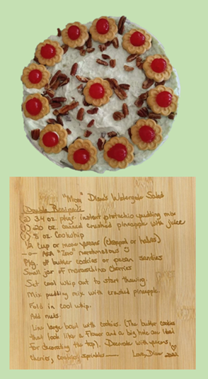 Photo of a round food dish next to a cutting board inscribed with a recipe.