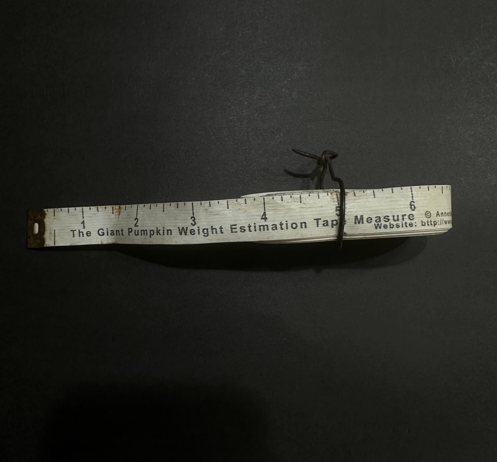 Photo of a tape measure wrapped up by a thin piece of black wiring.