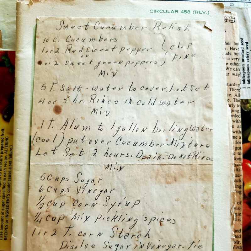 Photo of a handwritten recipe for sweet cucumber relish.